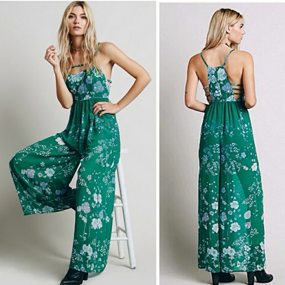 Free People Pants - Free People emerald green floral wide leg jumpsuit size 4